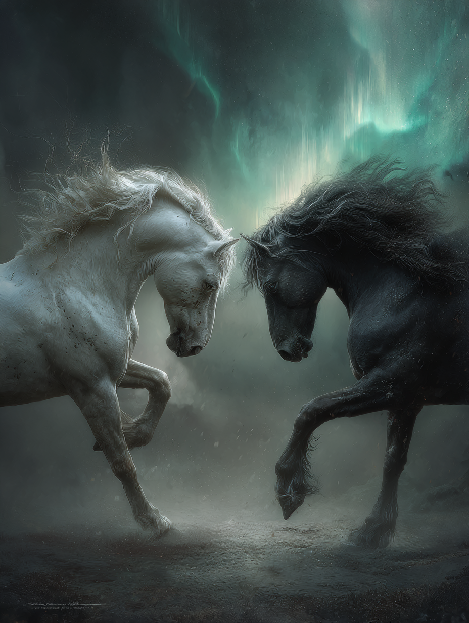 Epic battle scene beneath an aurora-streaked sky