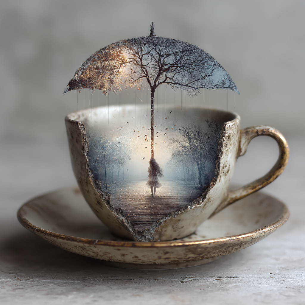 Miniature world imagined inside a coffee cup
