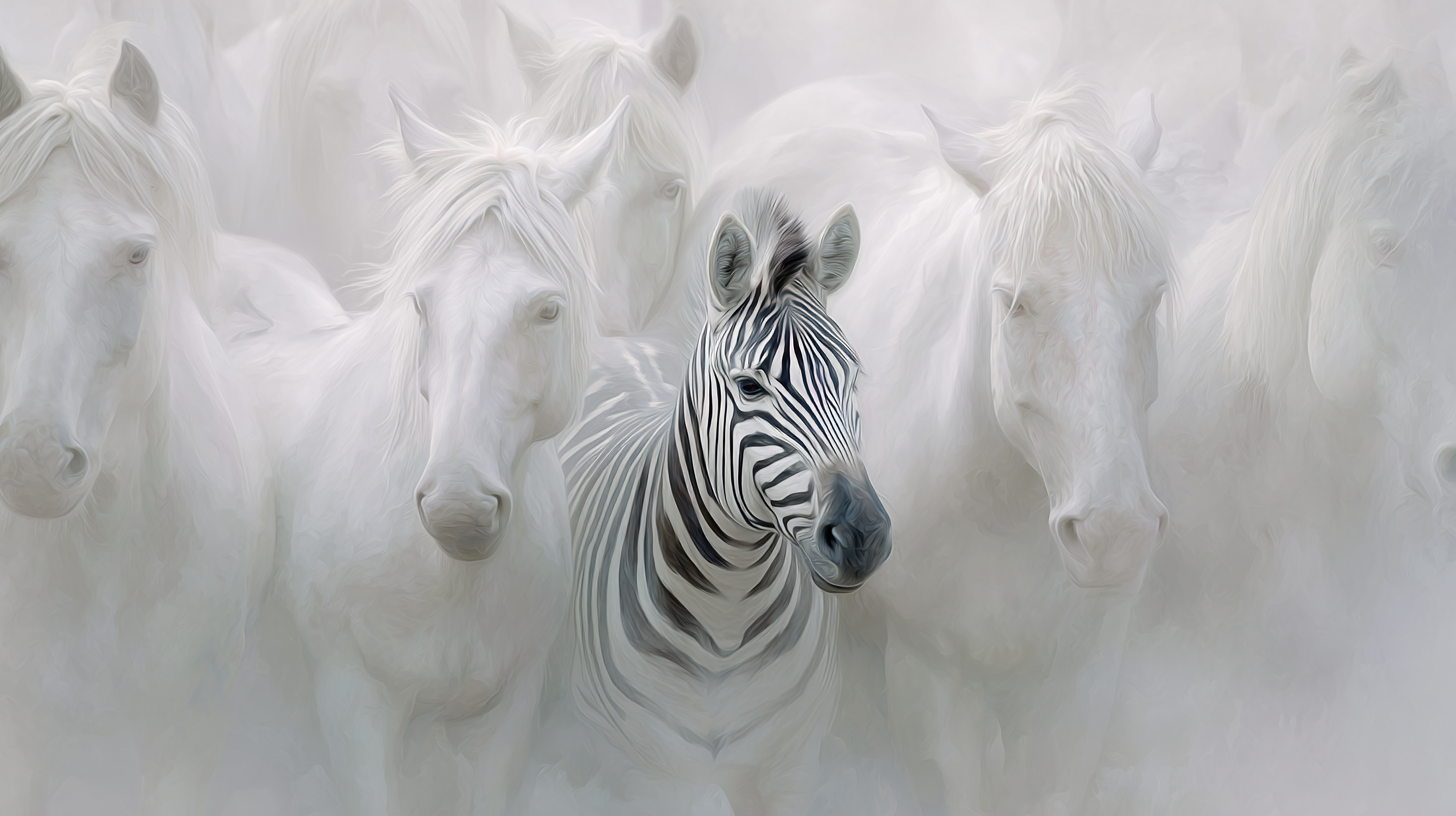 Zebra standing in a sea of white horses in painterly style