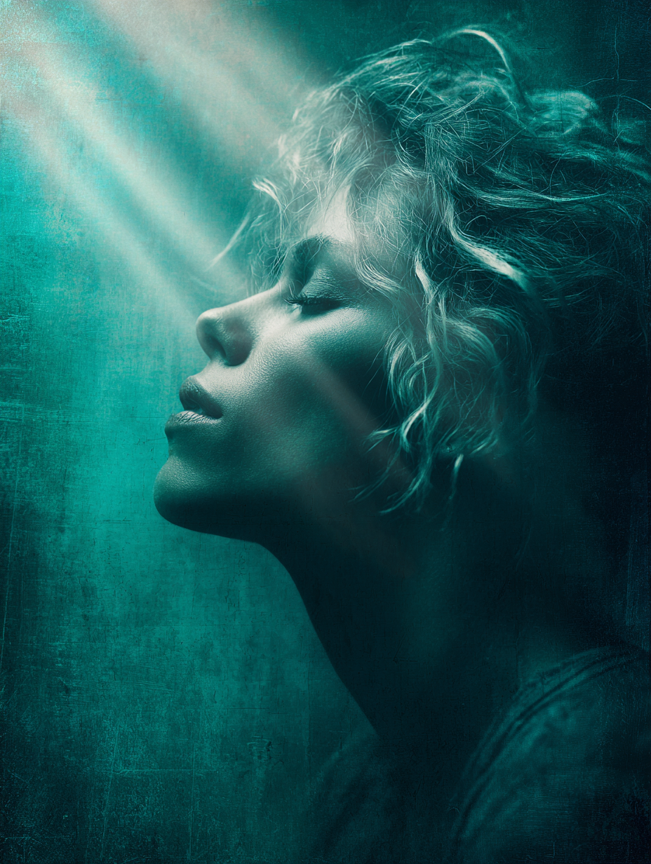 Teal indigo portrait with god rays