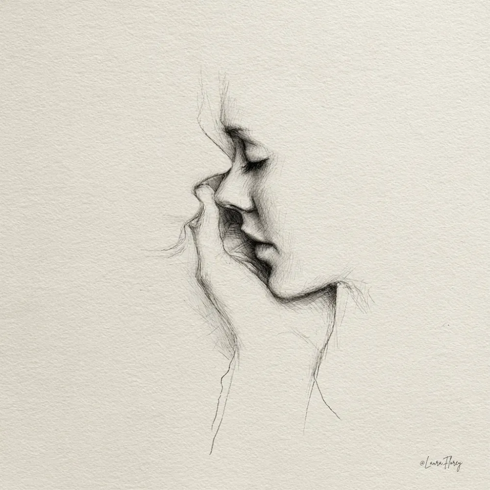 Minimal pencil-style portrait of two faces close together just before a kiss