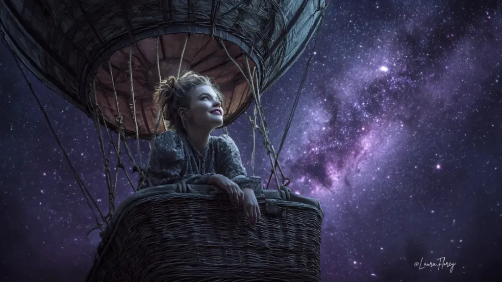 A girl in a hot air balloon gazes at a star-filled purple night sky