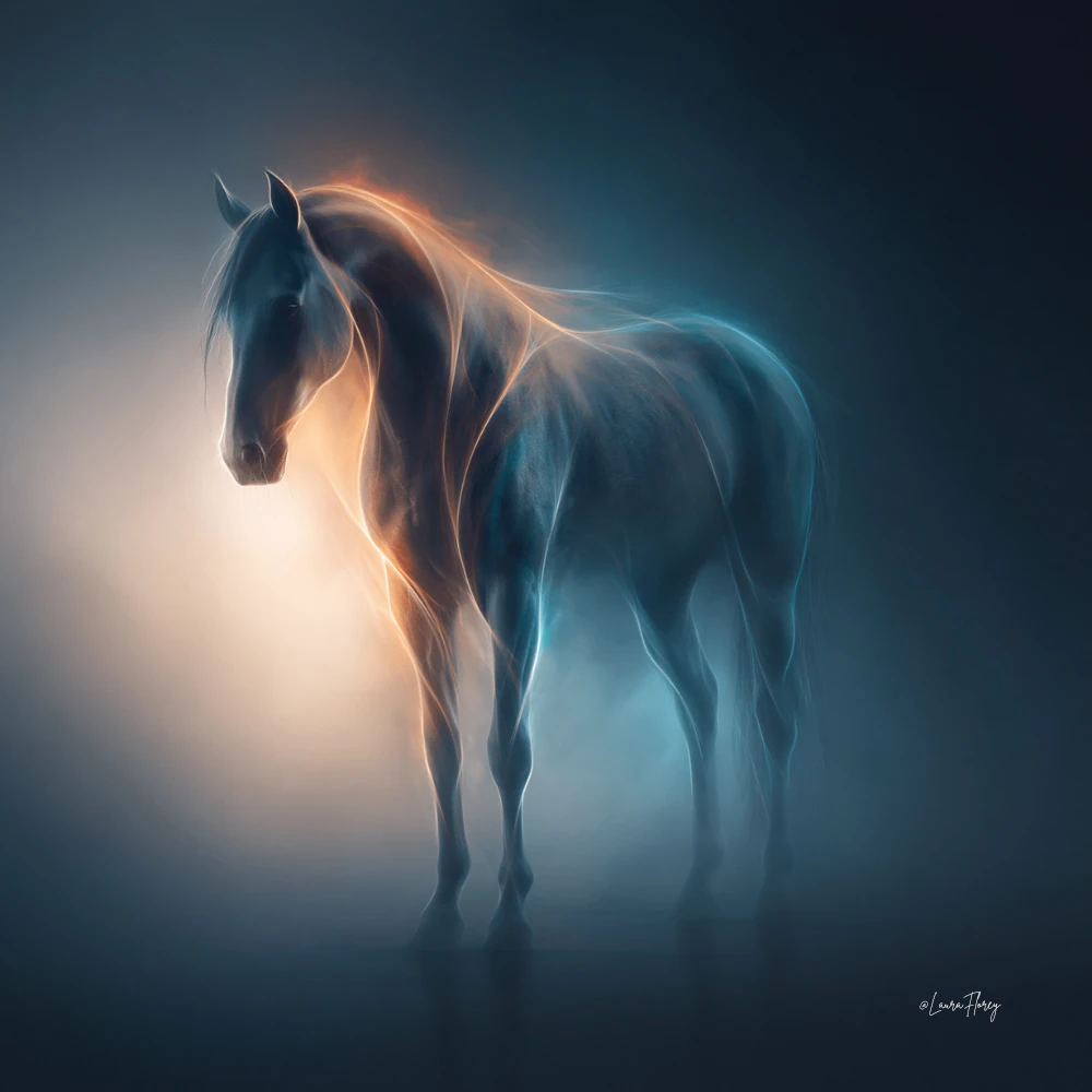 An ethereal horse emerging from blue mist, outlined by warm gold and cool blue light