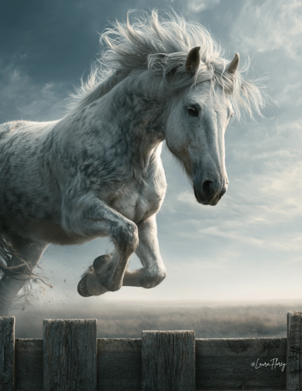 A white horse suspended above a weathered wooden fence beneath a blue-gray sky