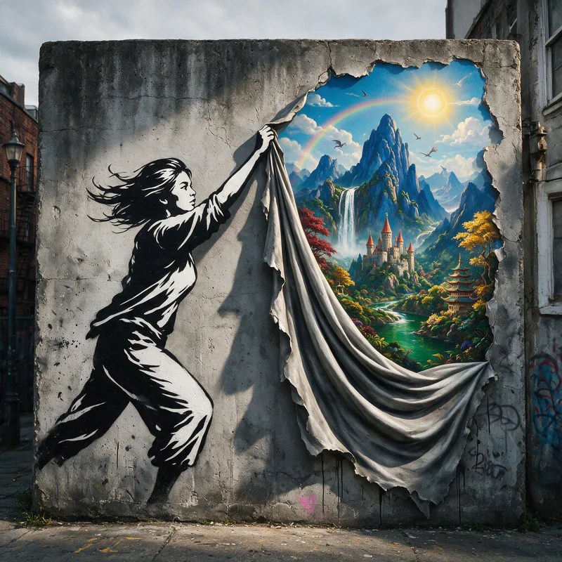 A mural-style woman pulls back a gray wall to reveal a colorful landscape of mountains, waterfalls, and a distant castle
